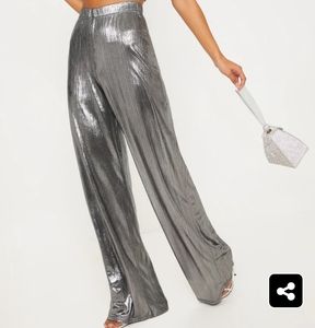 PrettyLittleThing Silver Metallic Wide Leg Trouser